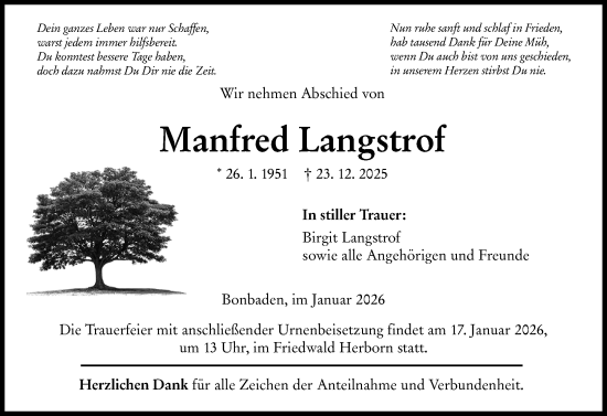 Traueranzeige von Manfred Langstrof von Wetzlarer Neue Zeitung