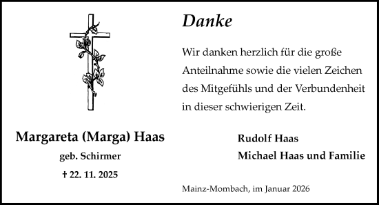 Traueranzeige von Margareta Haas von Allgemeine Zeitung Mainz
