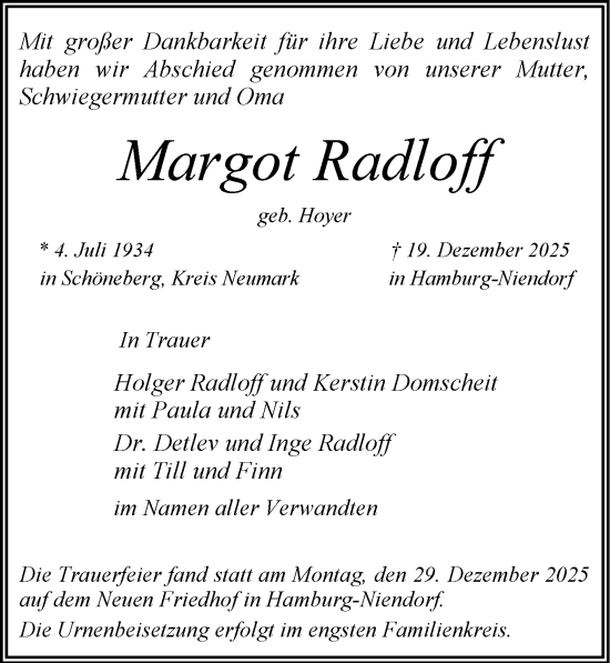 Traueranzeige von Margot Radloff von Wiesbadener Kurier