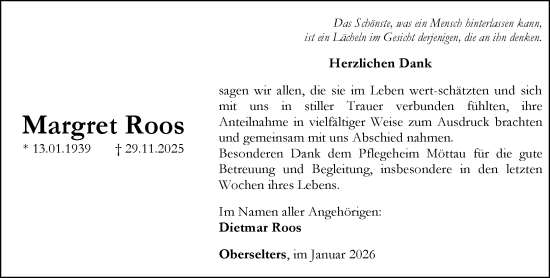 Traueranzeige von Margret Roos von Camberger Anzeiger