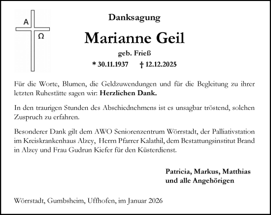 Traueranzeige von Marianne Geil von Allgemeine Zeitung Alzey