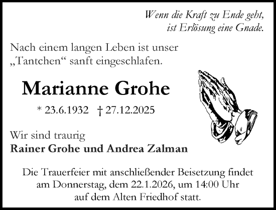Traueranzeige von Marianne Grohe von Darmstädter Echo