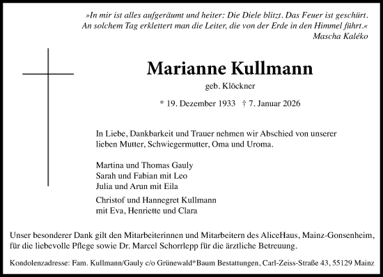 Traueranzeige von Marianne Kullmann von Wiesbadener Kurier