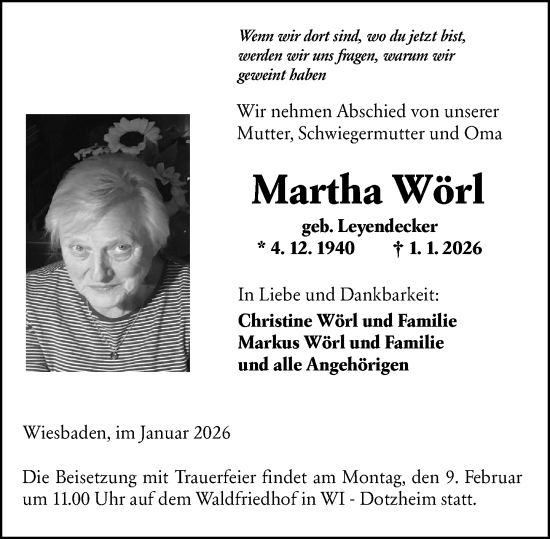 Traueranzeige von Martha Wörl von Wiesbadener Kurier