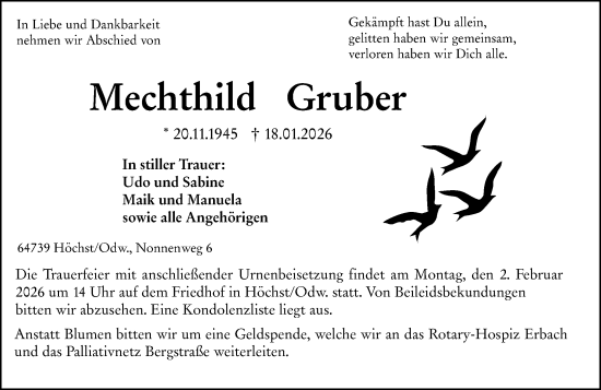 Traueranzeige von Mechthild Gruber von Odenwälder Echo