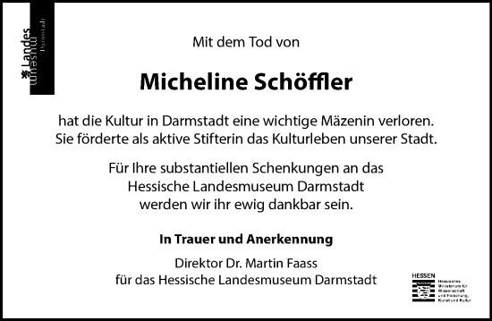 Traueranzeige von Micheline Schöffler von Darmstädter Echo