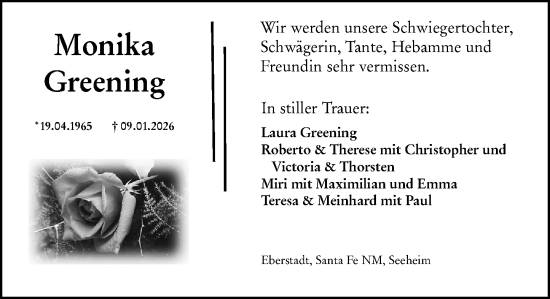 Traueranzeige von Monika Greening von Darmstädter Echo