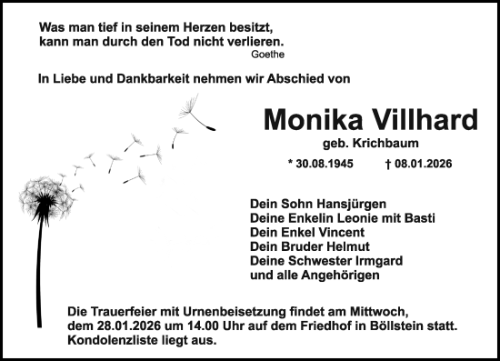 Traueranzeige von Monika Villhard von Odenwälder Echo