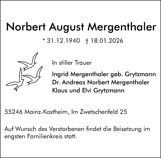 Traueranzeige von Norbert August Mergenthaler von Allgemeine Zeitung Mainz