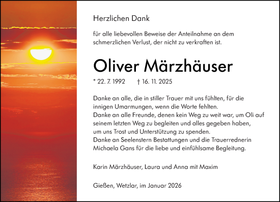 Traueranzeige von Oliver Märzhäuser von Wetzlarer Neue Zeitung