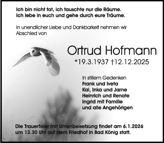 Traueranzeige von Ortrud Hofmann von Odenwälder Echo