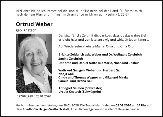 Traueranzeige von Ortrud Weber von Dill Block