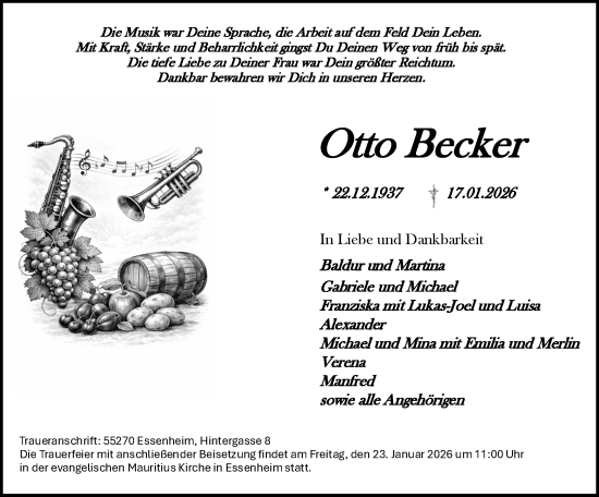 Traueranzeige von Otto Becker von Allgemeine Zeitung Mainz