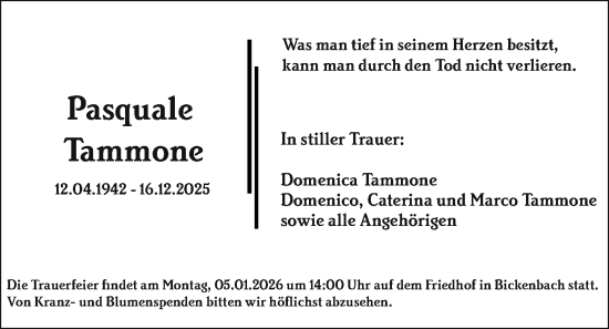 Traueranzeige von Pasquale Tammone von Darmstädter Echo