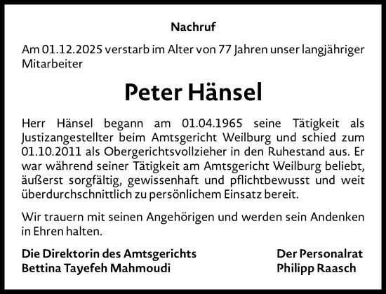 Traueranzeige von Peter Hänsel von Weilburger Tageblatt