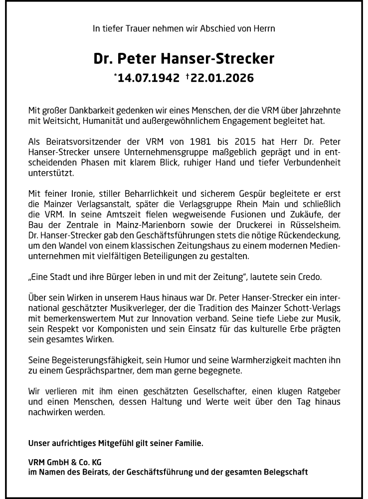  Traueranzeige für Peter Hanser-Strecker vom 31.01.2026 aus Wiesbadener Kurier