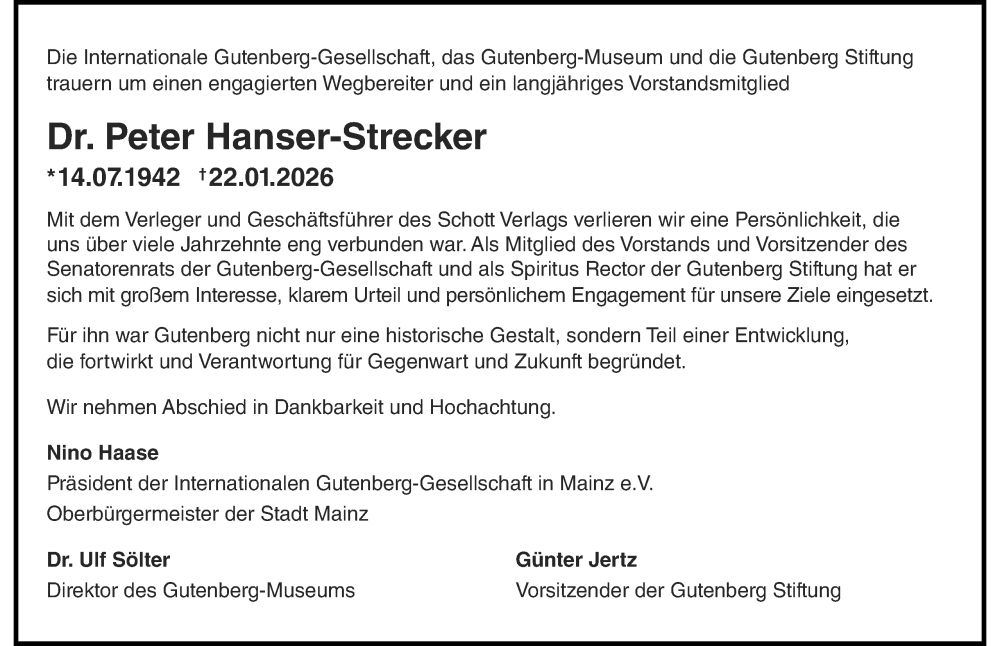 Traueranzeige für Peter Hanser-Strecker vom 31.01.2026 aus Wiesbadener Kurier