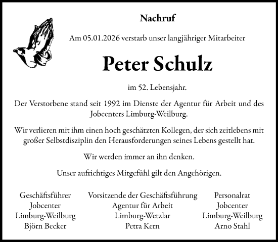 Traueranzeige von Peter Schulz von Weilburger Tageblatt