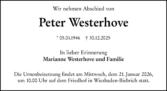Traueranzeige von Peter Westerhove von Wiesbadener Kurier