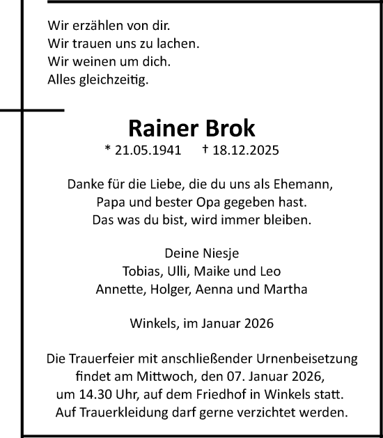 Traueranzeige von Rainer Brok von Weilburger Tageblatt