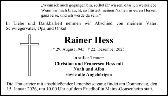 Traueranzeige von Rainer Hess von Allgemeine Zeitung Mainz
