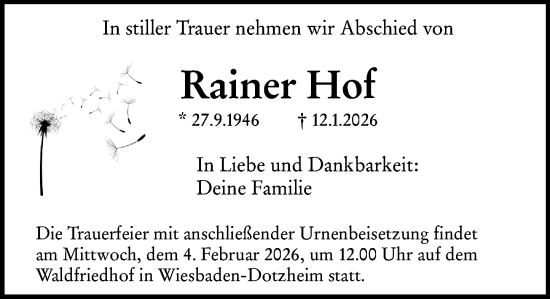 Traueranzeige von Rainer Hof von Wiesbadener Kurier