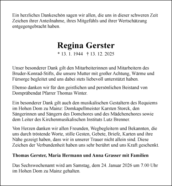 Traueranzeige von Regina Gerster von Allgemeine Zeitung Mainz