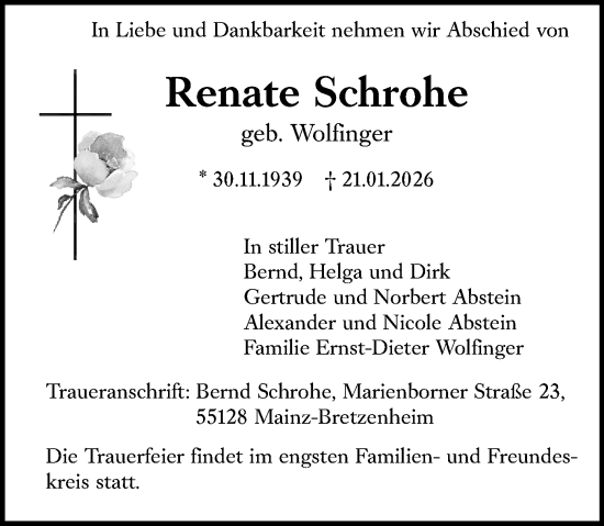 Traueranzeige von Renate Schrohe von Allgemeine Zeitung Mainz