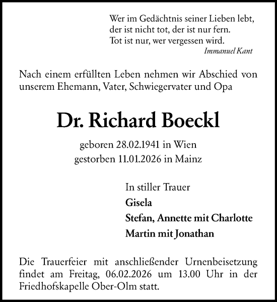 Traueranzeige von Richard Boeckl von Allgemeine Zeitung Mainz
