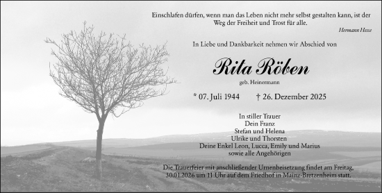 Traueranzeige von Rita Röben von Allgemeine Zeitung Mainz