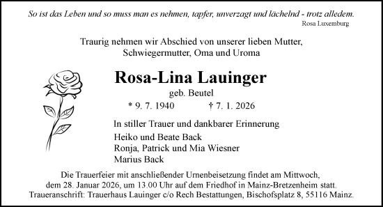Traueranzeige von Rosa-Lina Lauinger von Allgemeine Zeitung Mainz