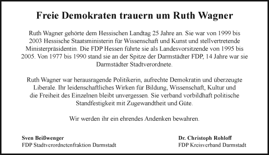 Traueranzeige von Ruth Wagner von Darmstädter Echo