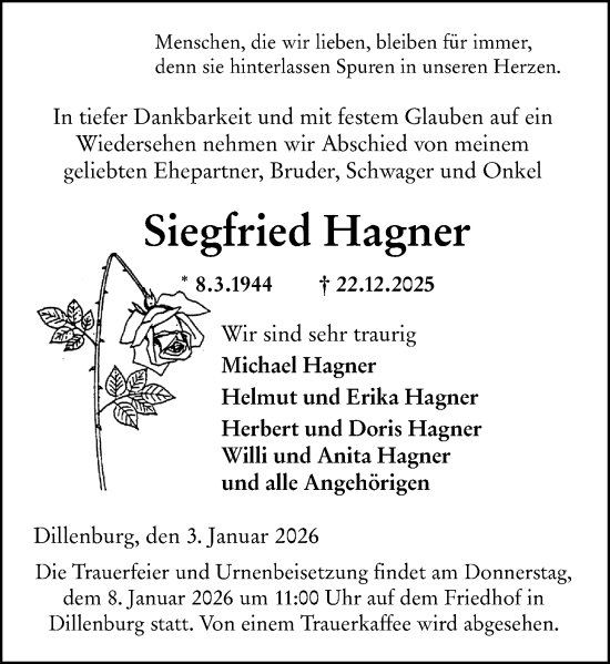 Traueranzeige von Siegfried Hagner von Dill Block