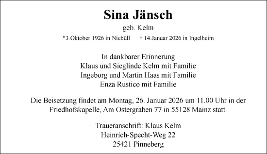 Traueranzeige von Sina Jänsch von Allgemeine Zeitung Mainz
