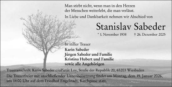 Traueranzeige von Stanislav Sabeder von Wiesbadener Kurier