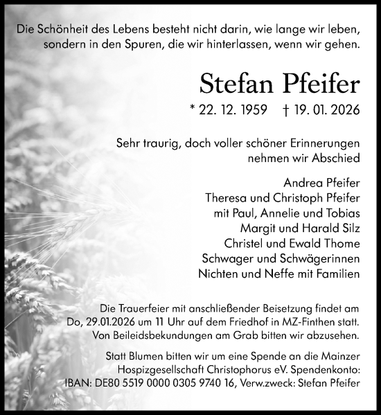 Traueranzeige von Stefan Pfeifer von Allgemeine Zeitung Mainz