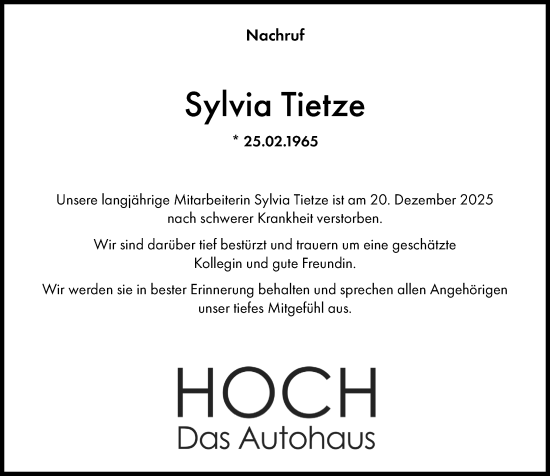 Traueranzeige von Sylvia Tietze von Hinterländer Anzeiger