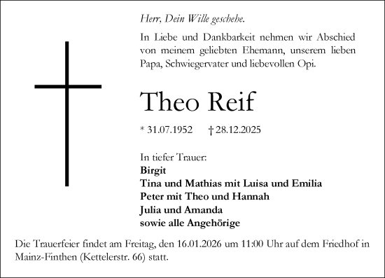 Traueranzeige von Theo Reif von Allgemeine Zeitung Mainz