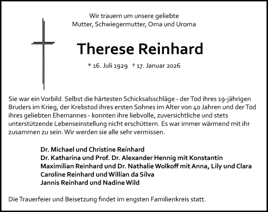 Traueranzeige von Therese Reinhard von Allgemeine Zeitung Mainz
