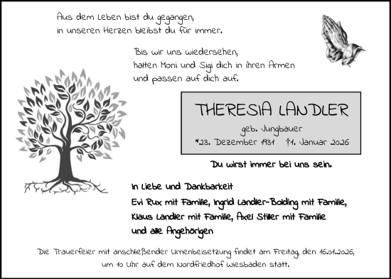 Traueranzeige von Theresia Landler von Wiesbadener Kurier