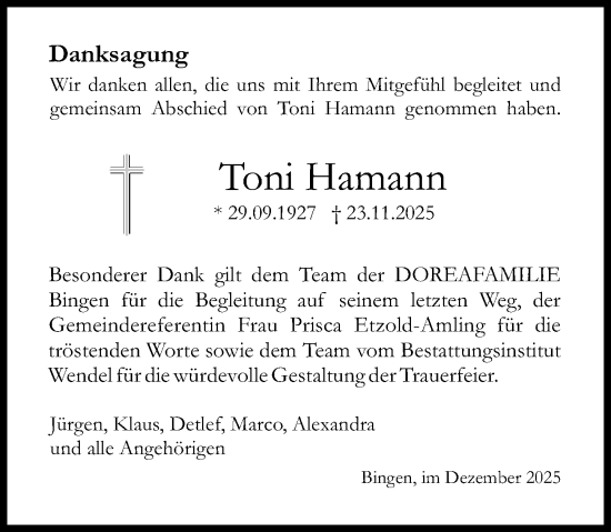 Traueranzeige von Toni Hamann von Allgemeine Zeitung Rheinhessen-Nahe