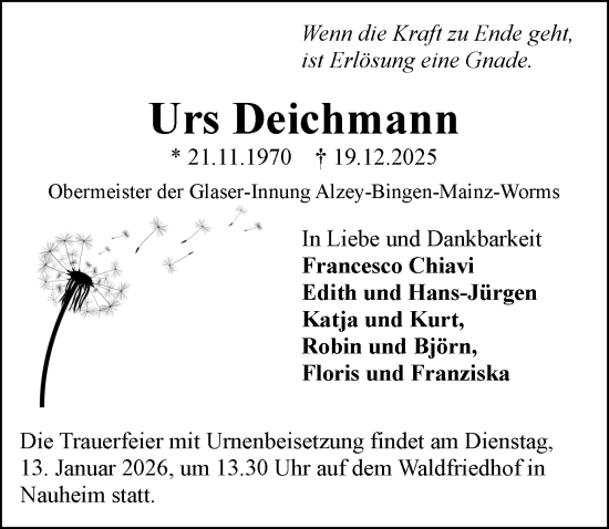 Traueranzeige von Urs Deichmann von Allgemeine Zeitung Mainz