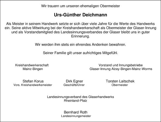 Traueranzeige von Urs-Günther Deichmann von Allgemeine Zeitung Rheinhessen-Nahe