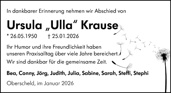 Traueranzeige von Ursula Krause von Dill Block