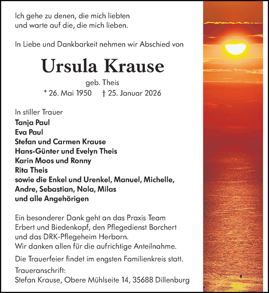 Traueranzeige von Ursula Krause von Dill Block