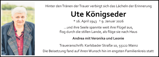 Traueranzeige von Ute Königseder von Allgemeine Zeitung Mainz