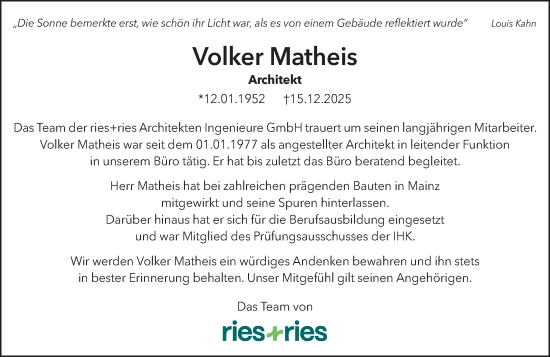Traueranzeige von Volker Matheis von Allgemeine Zeitung Mainz