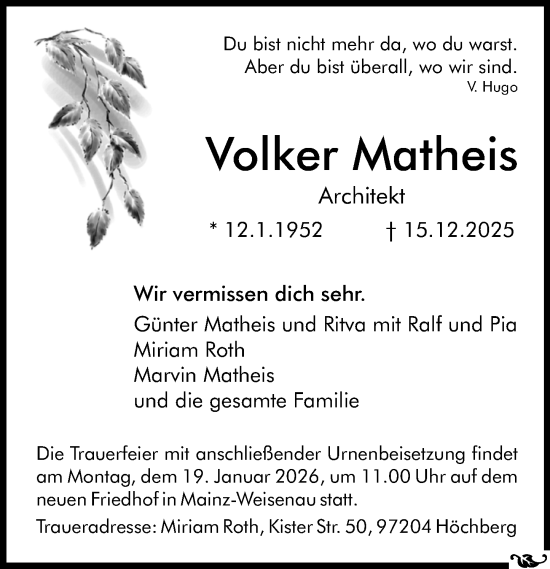 Traueranzeige von Volker Matheis von Allgemeine Zeitung Mainz