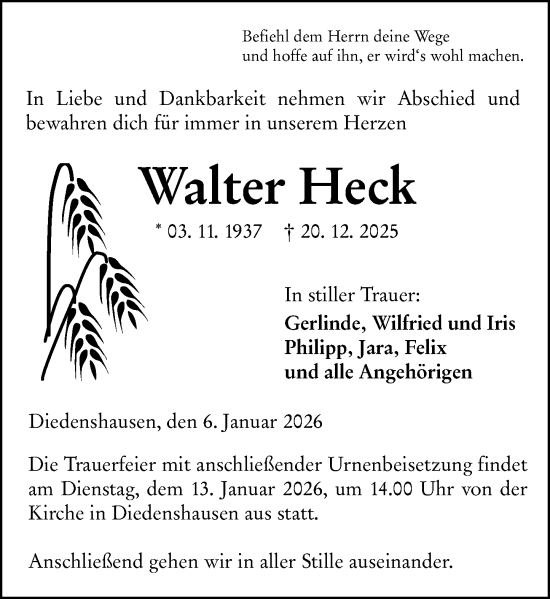 Traueranzeige von Walter Heck von Hinterländer Anzeiger
