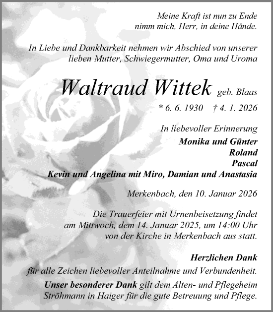 Traueranzeige von Waltraud Wittek von Dill Block